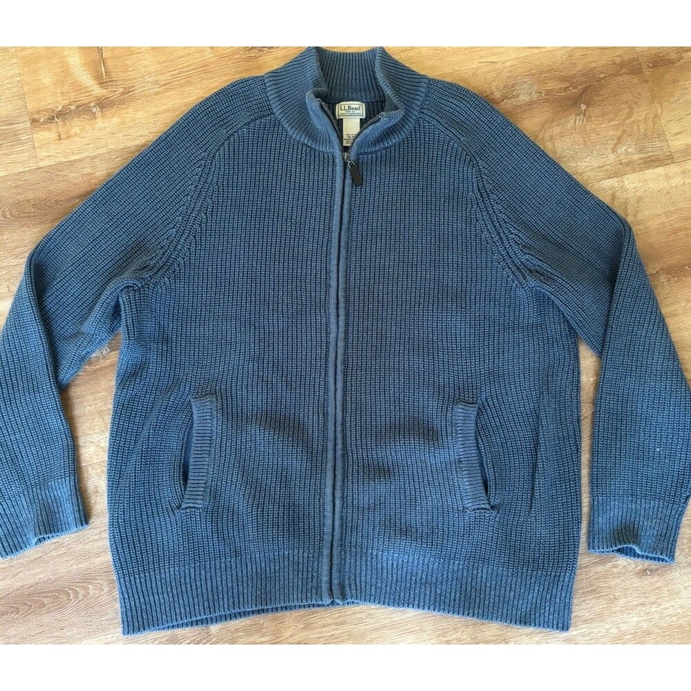 L.L.Bean Men's Blue Full Zip Knit Sweater Solid Long Sleeve XXL Regular